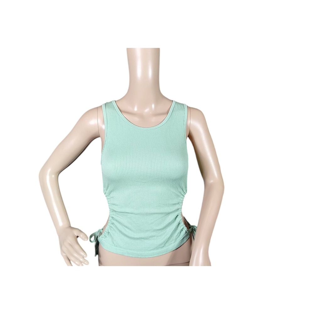 NWT Anwnd‎ Womens Ribbed Tank Top Ruched Side Cutout Scoop Neck Green Size M/L